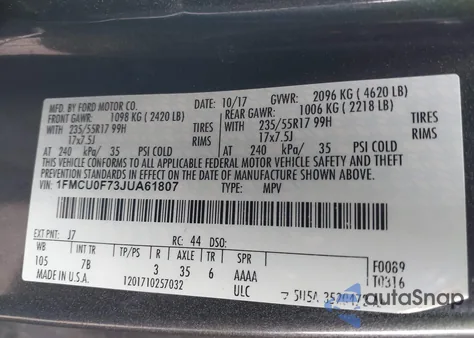 2018 Ford Escape S из США, поврежденный, VIN 1FMCU0F73JUA61807